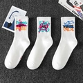 Three pairs of white cotton sports socks featuring colorful street graffiti slogans - One Size / White Printed Series (12-20-16)