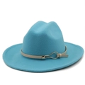 Sky blue vintage wool fedora hat with flat brim and cream leather band for women and men - M(56-58cm) / Lake Blue
