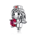Silver nurse charm with red enamel cross and faceted heart jewel for DIY bracelets - Nurse Hugging Heart (CYT103)