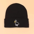 Winter black knit beanie featuring a cute embroidered cartoon duck on the folded cuff - One Size / Black