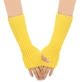 Macro detail of yellow knitted fingerless arm warmers with ribbed texture on model - One Size / Bright Yellow