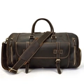 Detail view of vintage leather travel bag with white stitching and side zipper pockets - 9802 / Dark Brown
