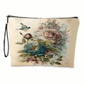 Neceser con estampados vintage de flores y pájaros, cremallera negra y asa de transporte - Patrón de Rosa Peonía y Pájaro Vintage Con Correa de Muñeca (xy-018-04) / 17x25cm