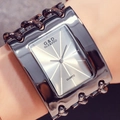 Detailed close-up of a silver chain strap women's watch with rectangular quartz dial - White Dial Black Strap Without Diamonds