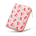 Pink zippered card holder with cherry print patterns and durable gold metal zipper - Cherry