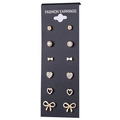 Gold finish earring set featuring 6 pairs of heart and bow studs on a black card - Gold Bow Style (10327)
