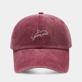 Close-up of white dolphin embroidery on a burgundy washed cotton baseball cap texture - Adjustable / Burgundy