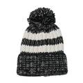 Detail of classic black and white striped knit beanie with a fluffy pom-pom top - Black & White Stripes