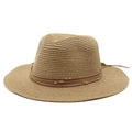Detailed close-up of straw Fedora weave with thin brown leather band and gold metal beads - Khaki