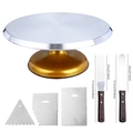 Aluminum cake turntable set with golden base, 2 spatulas and 3 metal scrapers - Gold Base Turntable + Spatula Set