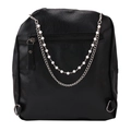 Detail of black pebbled leather backpack featuring pearl and silver metal chain accents - Pearl Double-Layer