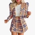 Ensemble 2 pièces pour femme à carreaux avec blazer cintré, manches bouffantes et jupe courte - Plaid kaki