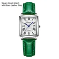 Women's quartz watch with green alligator leather strap and silver square dial - Women's Green - Artistic Style
