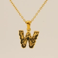 Golden necklace with letter W pendant featuring a unique black tree bark texture inlay - Gold Letter W