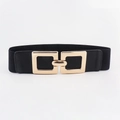 Elastic black wide waist belt featuring a polished gold geometric square metal buckle - 19191 Black-Simple Square Frame Buckle
