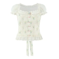Französisches Blumen-Oberteil mit Puffärmeln, Spitze, Karree-Ausschnitt und 3D-Rose - S / Beige Blumenmuster
