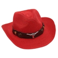 Detail of red straw cowboy hat with brown leather band and silver bull head ornament - One Size / Red