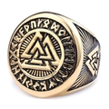 Vintage gold Nordic Viking Valknut ring with engraved runes in polished stainless steel - Gold Color (09104)