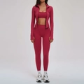 Ensemble de yoga 3 pièces rose rouge avec veste zippée, brassière et legging - S / Veste + Soutien-gorge-1 + Leggings (3 pcs) - Rouge Cerise