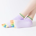 Purple five-toe yoga socks with rainbow cuffs and non-slip silicone grips on the sole - One Size / Five Toe-Rainbow Toes Light Purple