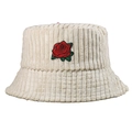 Sombrero de pescador en pana color crema con bordado de rosa roja para otoño invierno - Blanco Roto