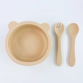 Set ciotola neonato in silicone a forma di orso con forchetta e cucchiaio beige rosa - Set da 2 pezzi orso / Bianco Sporco