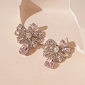 Detail of silver bow earrings with pink teardrop crystal and sparkling rhinestones - Pink Bow Knot Water Drop Earrings (S925 Silver Pin)