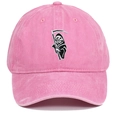 Close-up of Grim Reaper embroidery on pink washed cotton baseball cap with curved brim - One Size / Pink