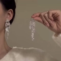 Silver drop fringe earrings with leaf-shaped sparkling crystals for elegant evening wear - 8# Silver Earring Post - Silver