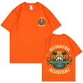 Unisex bright orange crew neck T-shirt with vintage alligator graphic print on both sides - Orange