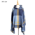 Women's plaid hooded poncho with blue and yellow check pattern and fringe trim - Blue