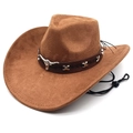 Brown faux suede western cowboy hat with silver bull head emblem and chin strap - M(56-58cm) / Khaki
