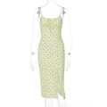 Detail of light green floral dress showing bust ruching, tie-knot, and side slit - S / Yellow