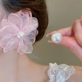 Detailed view of pink chiffon flower earrings with a large white pearl center - 123# Silver Needle - Pink