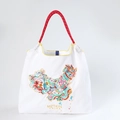 Bolso tote de lona blanca con bordado de dragón colorido y asas de cuerda trenzada roja - Mapa de China Blanco