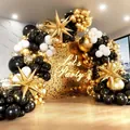 Black and gold balloon arch kit with star foils and Let's Party neon sign decoration - Black White Gold