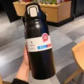 Matte black stainless steel sports vacuum flask with handle and straw lid - Black