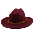 Detail of burgundy wool fedora hat with woven brown leather band and textured finish - M (56-58cm) / Burgundy