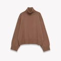 Brown long-sleeved turtleneck knit sweater with ribbed cuffs and loose drop shoulder fit - S / Caramel color