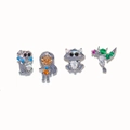 Detailed macro shot of zircon-inlaid animal and astronaut earrings in silver finish - 4-Piece Set (Dog/Girl/Raccoon/Hummingbird) / White Gold