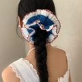 Blue and white plaid scrunchie with red scalloped edges for high ponytail styling - Royal Blue + Red Border