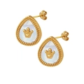 Elegant gold titanium crown teardrop earrings with white shell inlay and beaded edges - Crown Stud Earrings / Gold