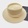 Straw boater hat in beige with ribbon detail and dense woven texture for summer - Beige With Beige Ribbon
