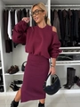 Detail of burgundy two-piece knit set featuring off-shoulder top and high waist skirt - S / Top And Bottom / Burgundy