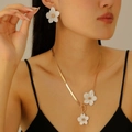 Elegant white floral jewelry set including stud earrings and a gold snake chain necklace - White Flower Set (Earrings+Necklace)