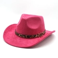 Detail of fuchsia suede cowboy hat featuring leopard print band and golden buckle - M(56-58cm) / Rose Red