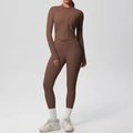 Donkerbruine yogaset voor dames met een getailleerd jack met rits en een hoge taille legging - S / Kastanjebruin