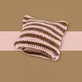 Detail of pink and brown striped knit beanie with cat ear design and rolled edge - Pink-Brown Stripes