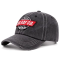 Vintage dark gray washed cotton baseball cap with motor oil embroidery and distressed brim - Adjustable / Black