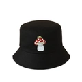 Sombrero de pescador negro de moda con bordado de hongo y rana para el sol - Talla única / Negro